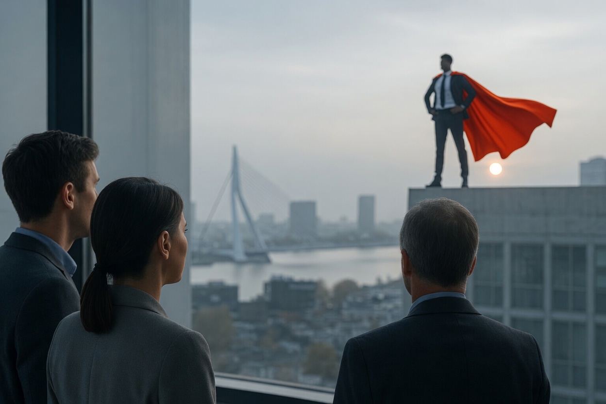 HSEQ-held met cape boven de Rotterdamse skyline met de Erasmusbrug