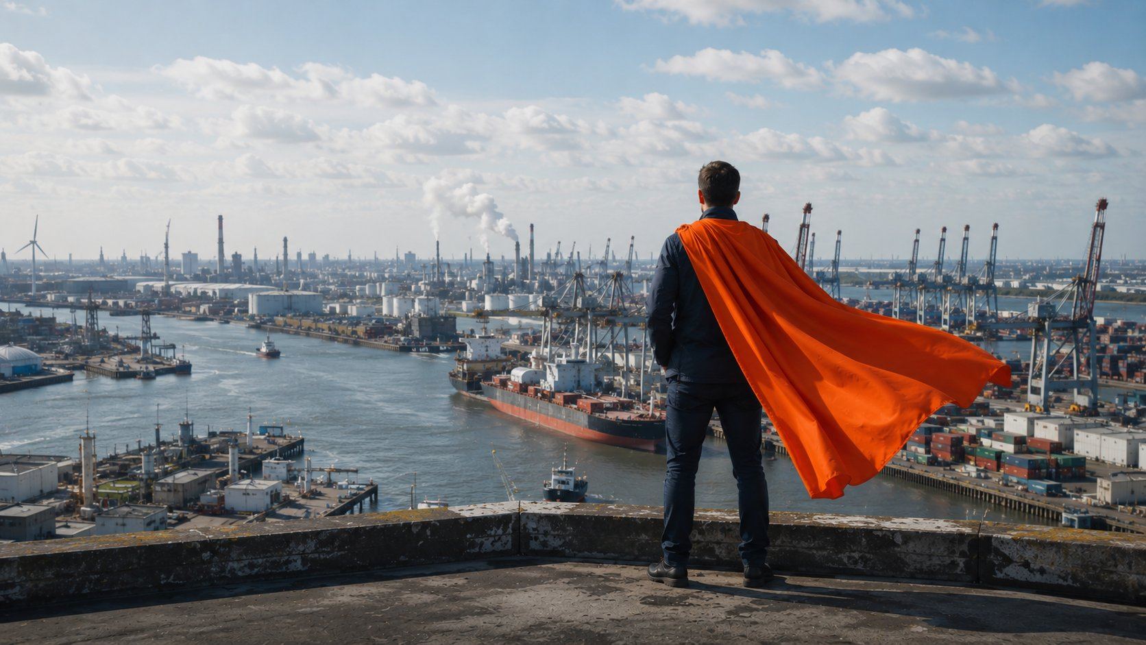 HSEQ-held met oranje cape kijkt uit over de haven